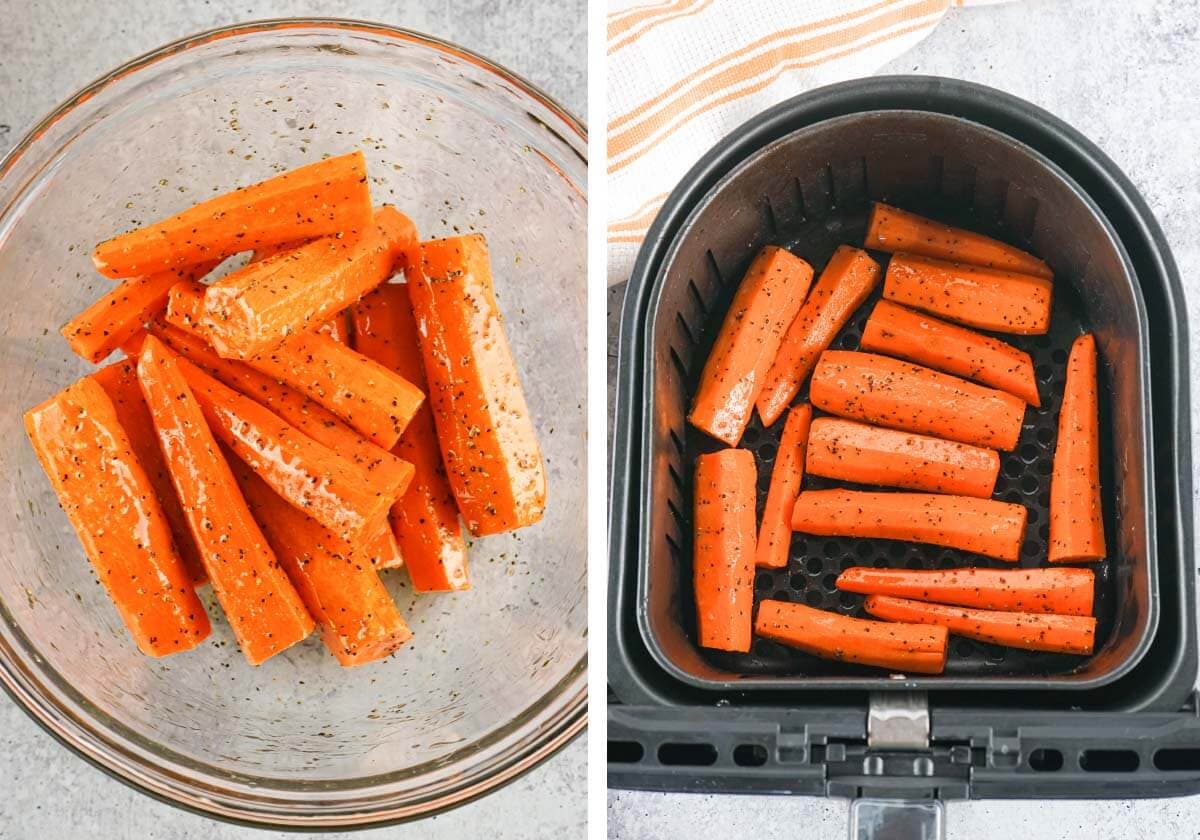 carrots in bowl with seasoning, carrots in air fryer basket.