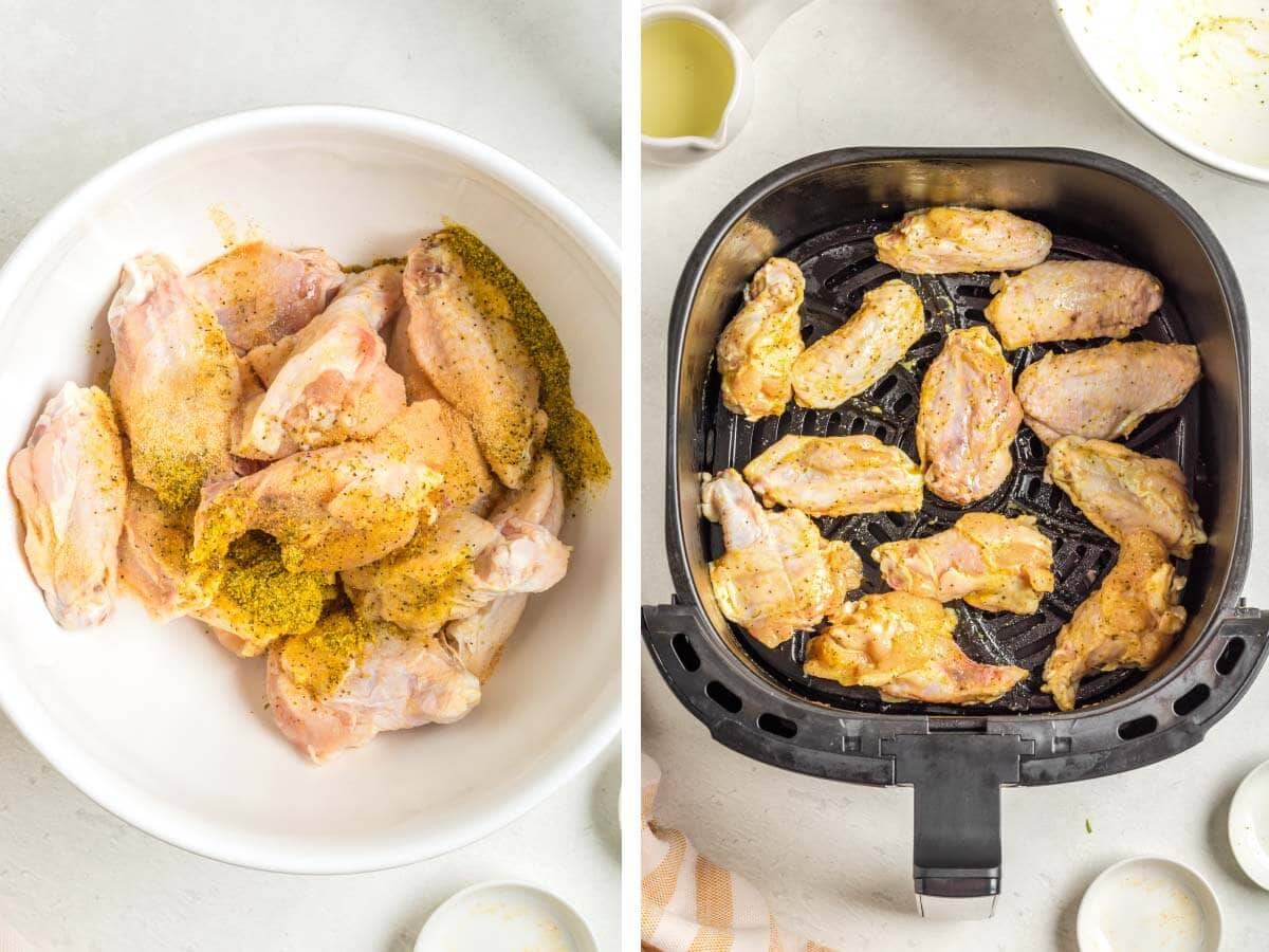 chicken wings in bowl, and in air fryer basket.