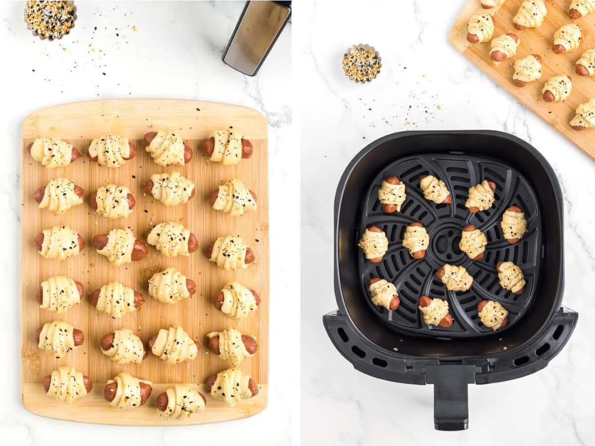 seasoning on wrapped hot dogs, wrapped hot dogs in air fryer basket.