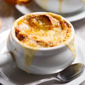 instant pot french onion soup in white dish.