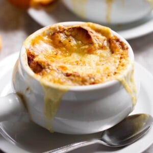 instant pot french onion soup in white dish.