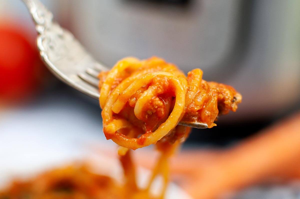 Spaghetti Bolognese on a fork.