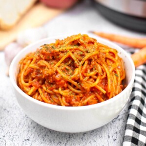 Instant Pot Spaghetti Bolognese in a white bowl.