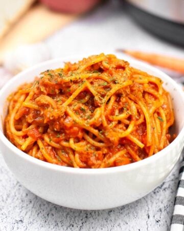 Instant Pot Spaghetti Bolognese in a white bowl.