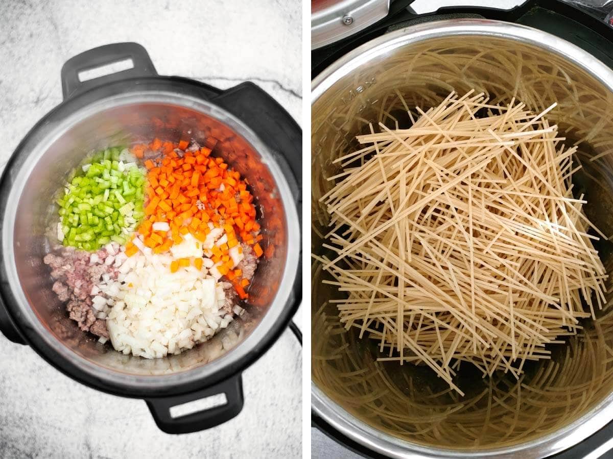 sautéing meat and veggies in pot, noodles added to pot.