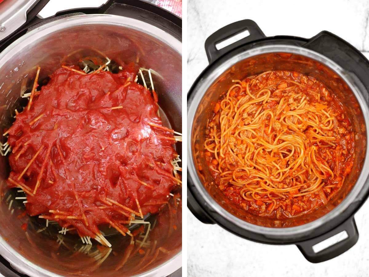 tomatoes over pasta in pot, cooked spaghetti in pot.
