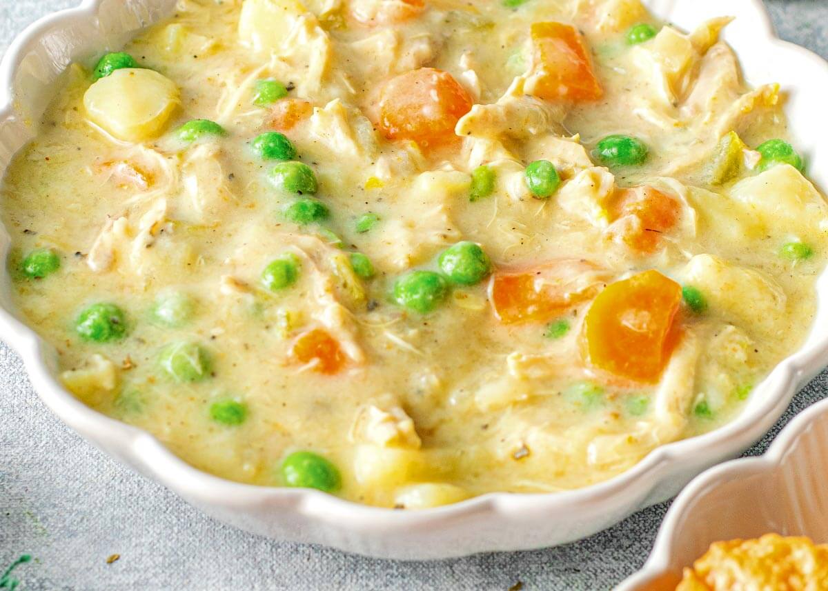 closeup of the soup in a white bowl.