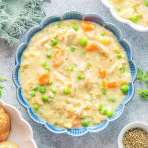 Instant Pot Chicken Pot Pie Soup in a blue bowl.