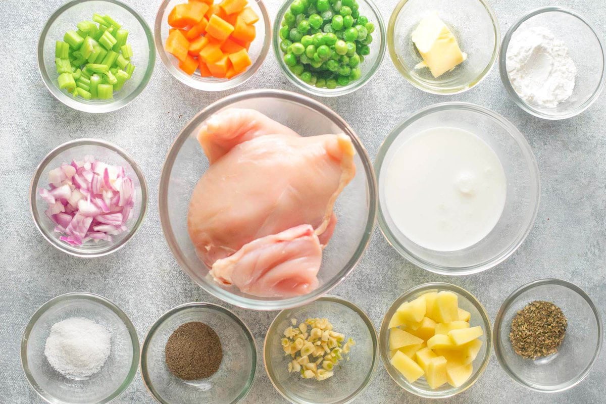 Instant Pot Chicken Pot Pie Soup ingredients shot.