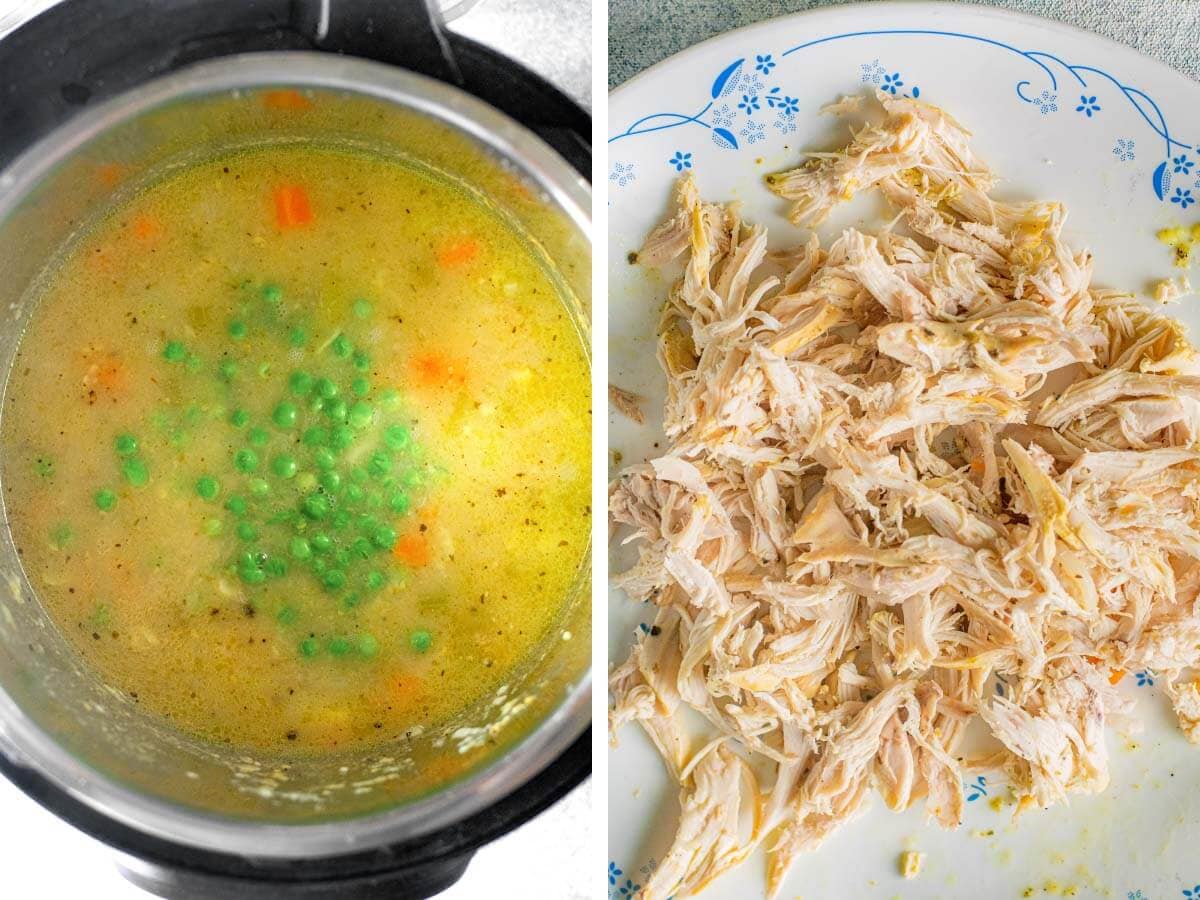 peas added to soup, chicken shredded on plate.