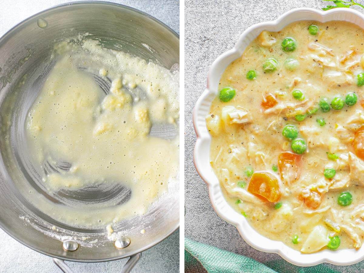 thickener in pan, thickened soup in white bowl.