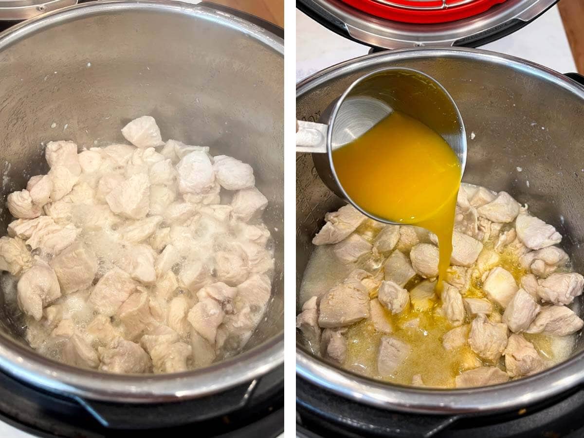 cooking chicken, adding orange juice.