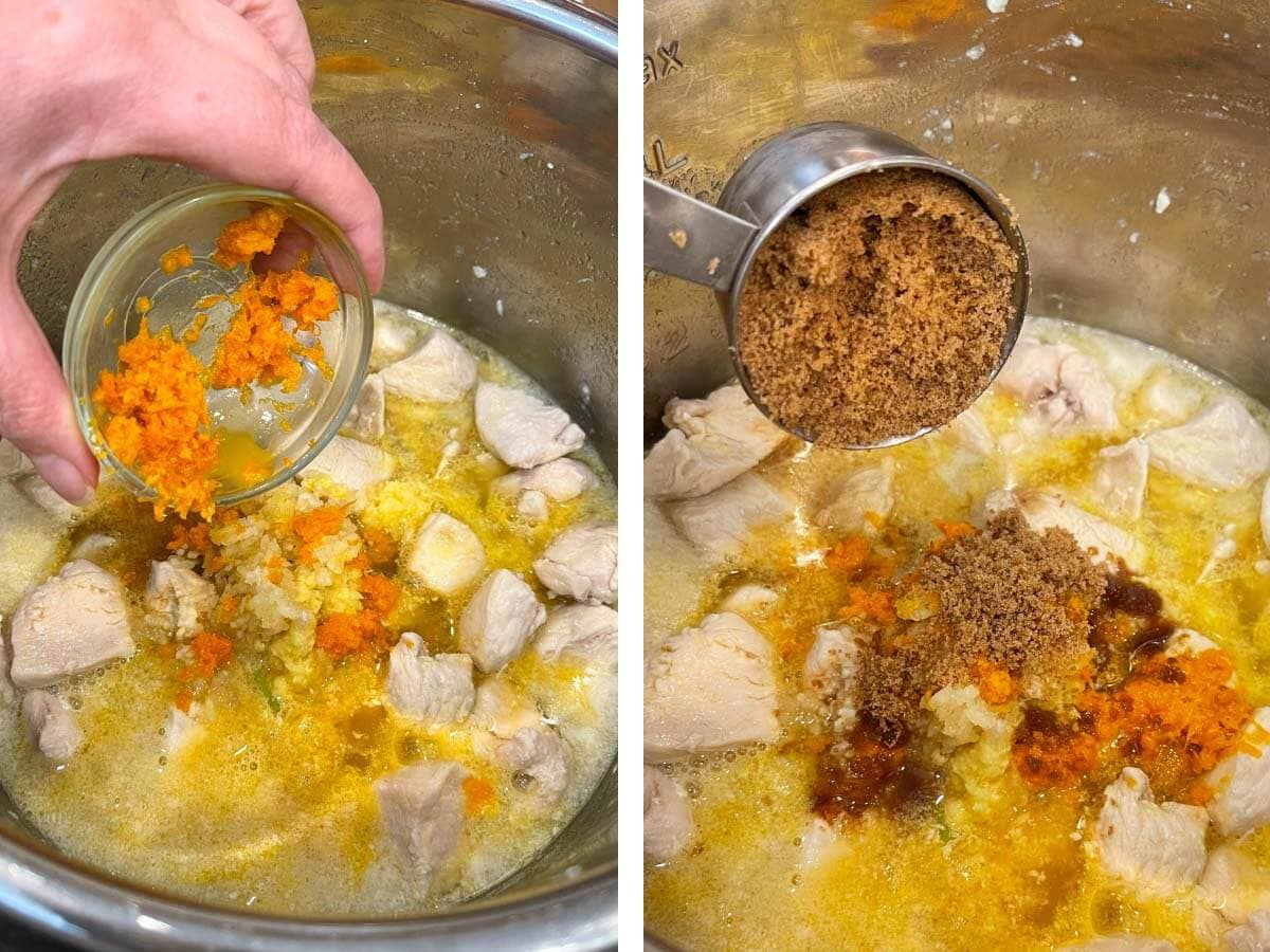 adding orange zest, adding brown sugar.