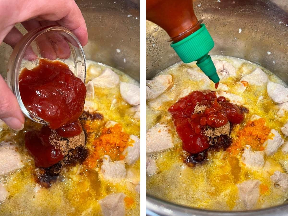 adding ketchup, adding sriracha to the pot.
