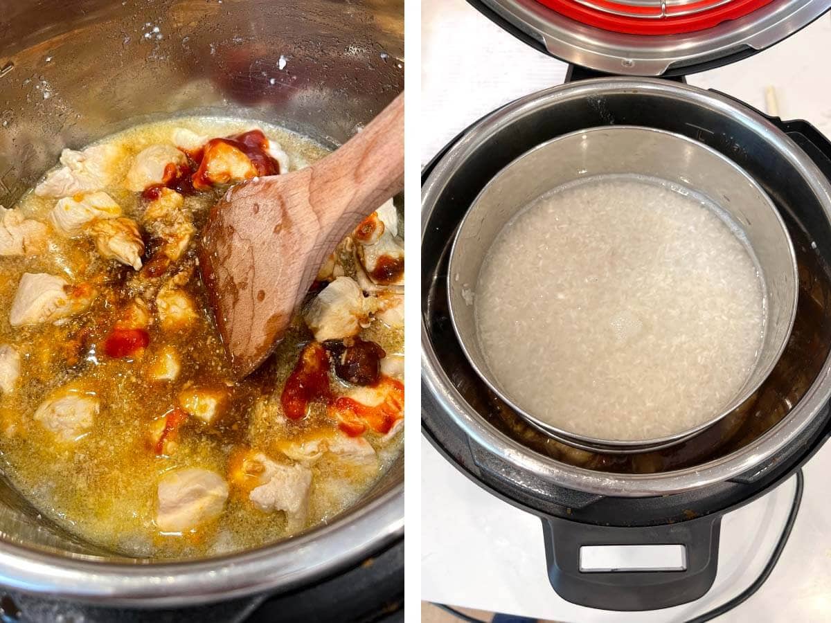 stirring mixture, pan of rice and water in pot.