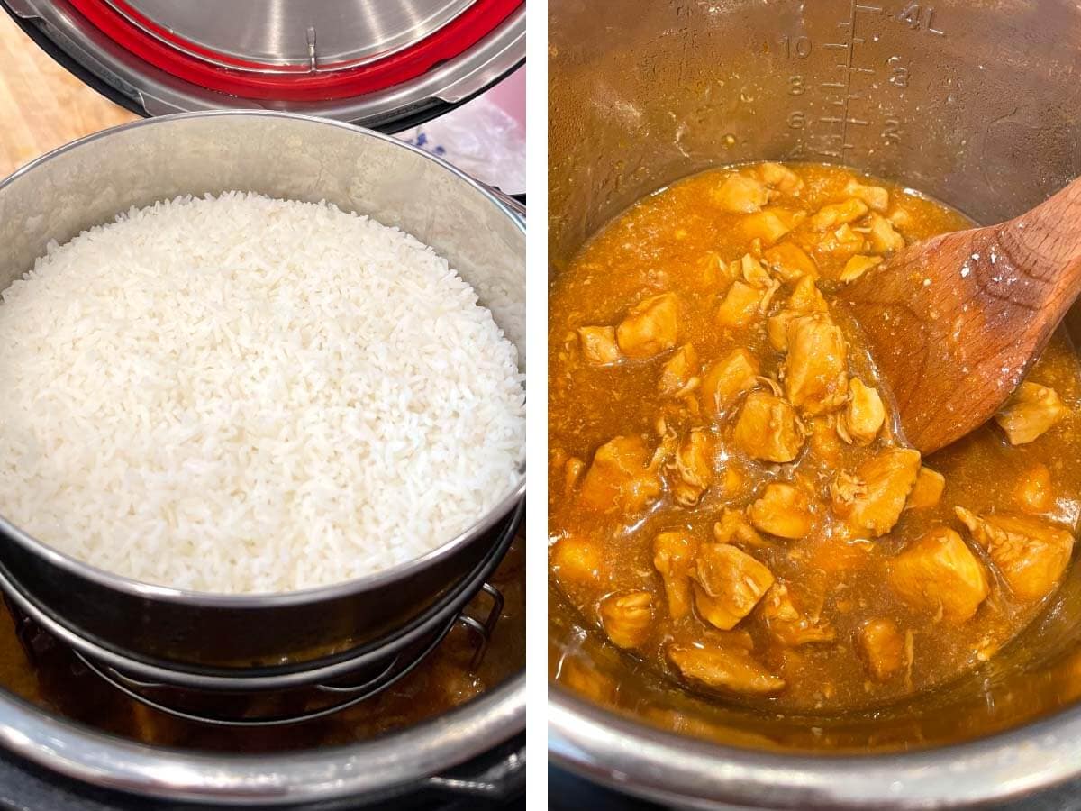 removing rice from pot, stirring chicken and sauce with wood spoon.