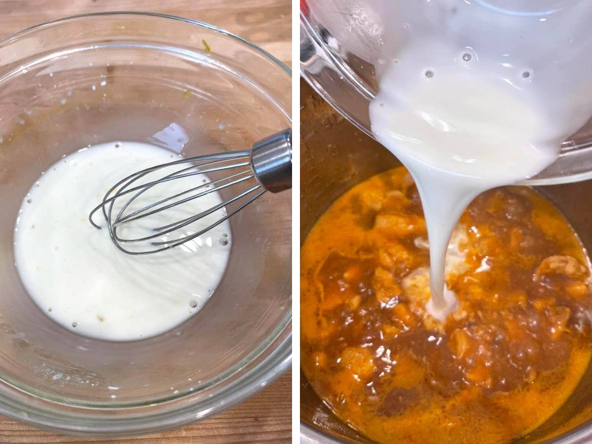 whisking cornstarch slurry, pouring slurry into pot.