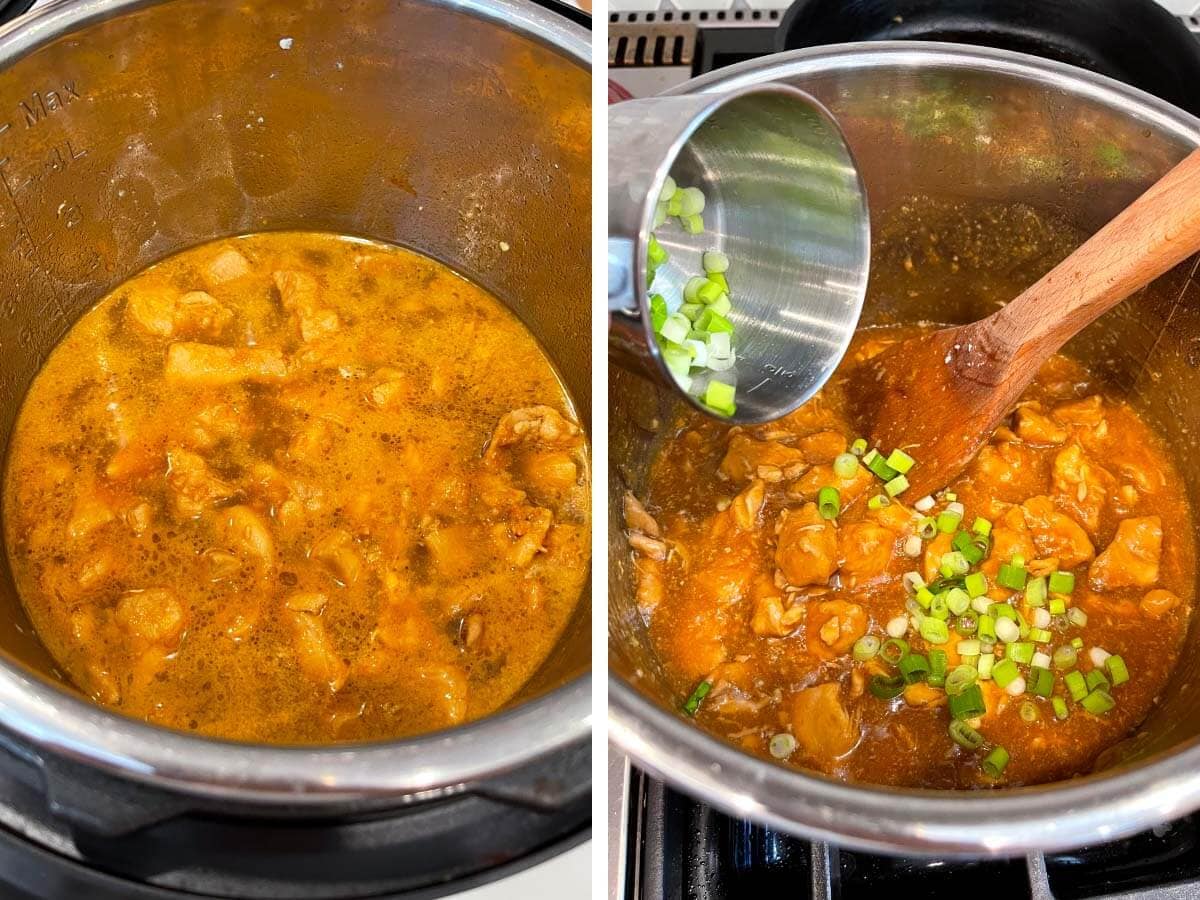 mixture simmering, adding green onions to pot.