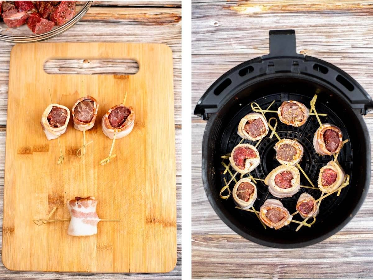 steak piece rolled in bacon on a board, assembled steak bites in air fryer basket.