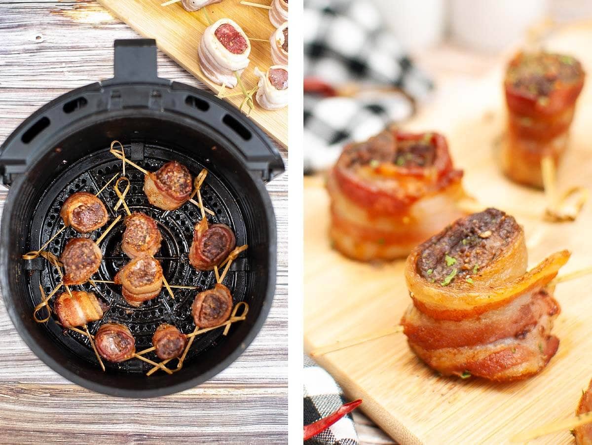 cooked steak bites in air fryer basket, closeup of steak bite.