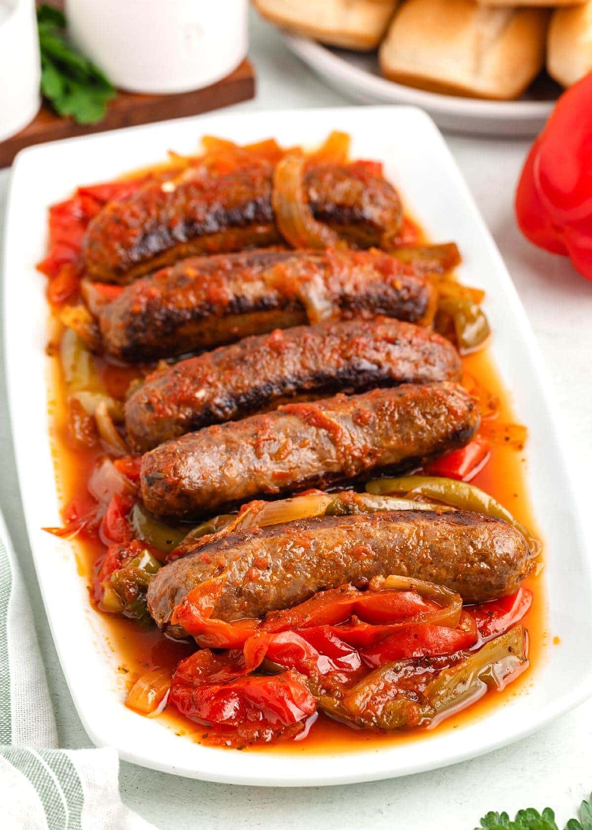 Sausage and Peppers on a white plate