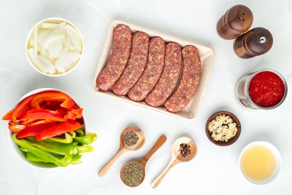 Slow Cooker Sausage and Peppers ingredients shot