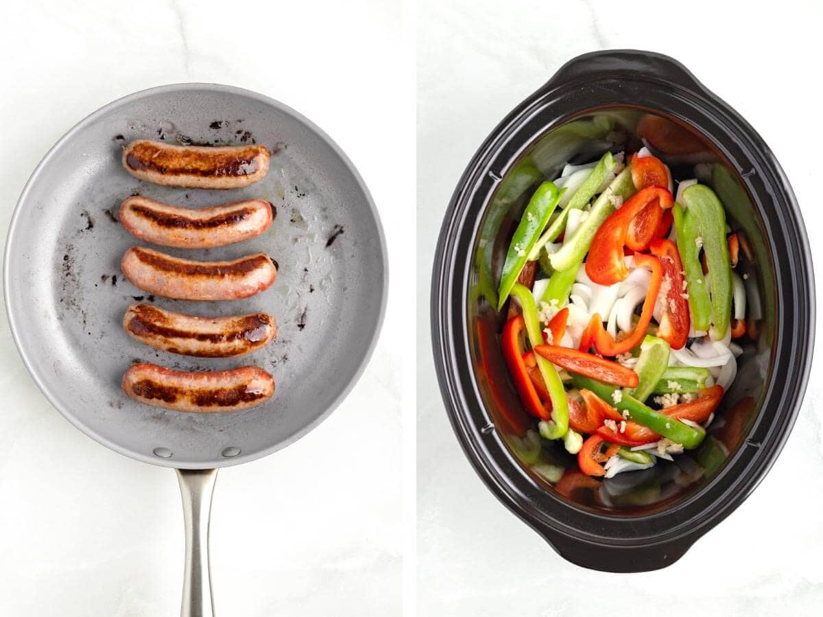 sausages frying in skillet. peppers and onion in black crock.