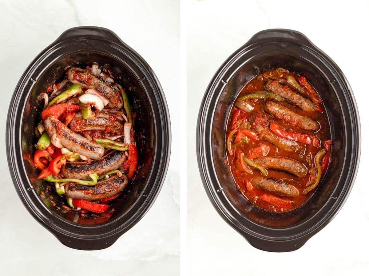 ingredients in crock stirred together. cooked sausages and peppers in crock.
