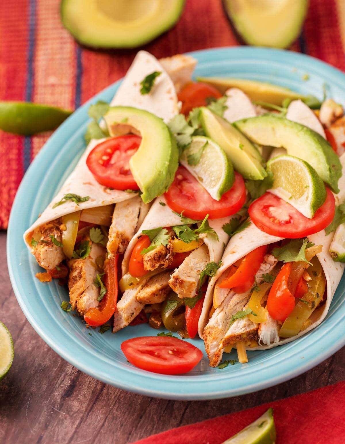 Slow Cooker Chicken Fajitas on a blue plate