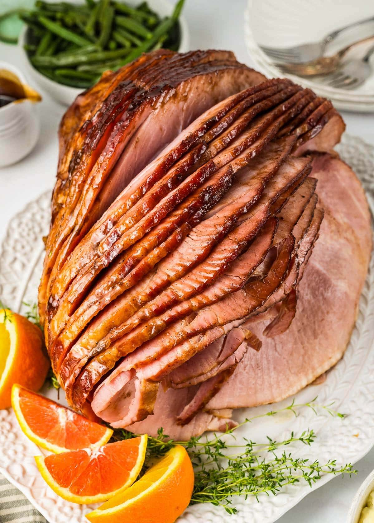 Slow Cooker Ham sliced on white plate