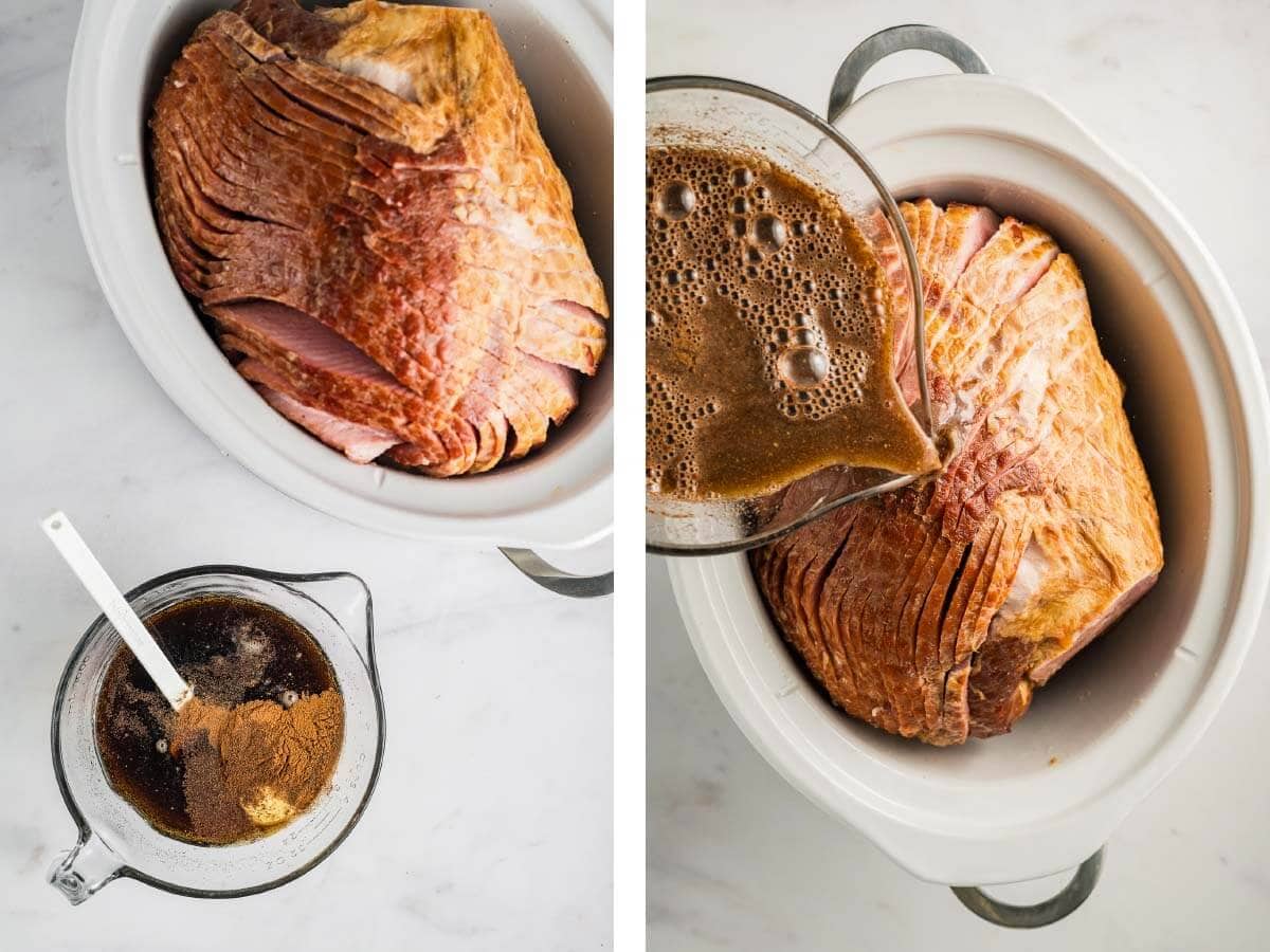 pouring glaze ingredients over ham in crock