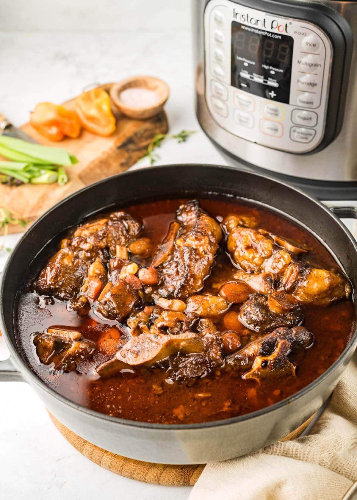 Instant Pot Oxtail Stew in a pot with IP next to it