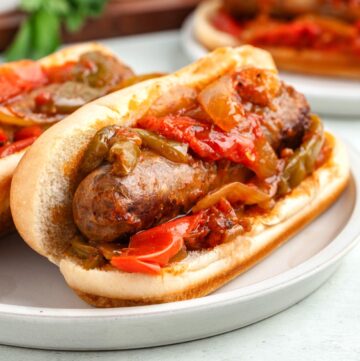 sausage and peppers on a bun.