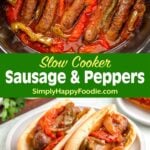 crock with sausage and peppers in it, two sausages in buns on white plate.