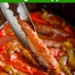 tongs holding a sausage in crock.