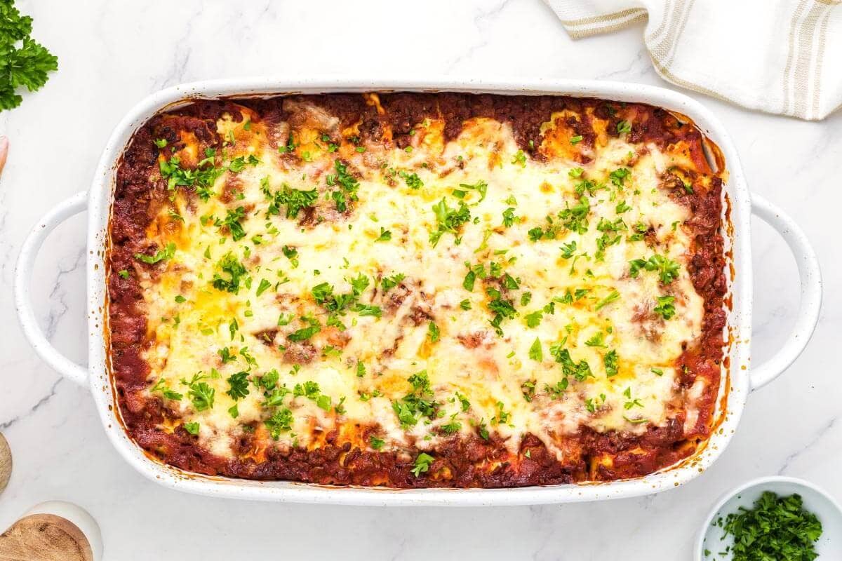 baking dish of baked lazy lasagna.