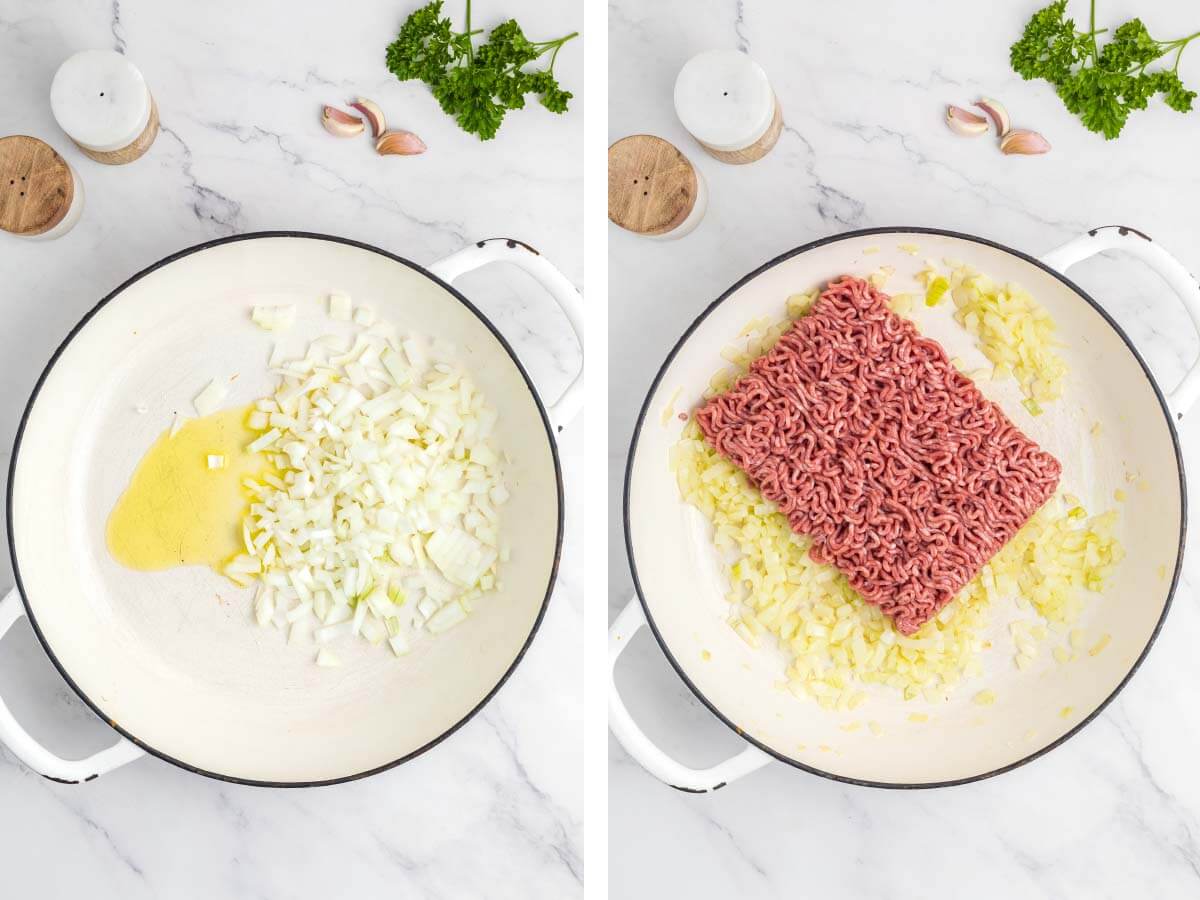 sauté onion and ground beef in pot.