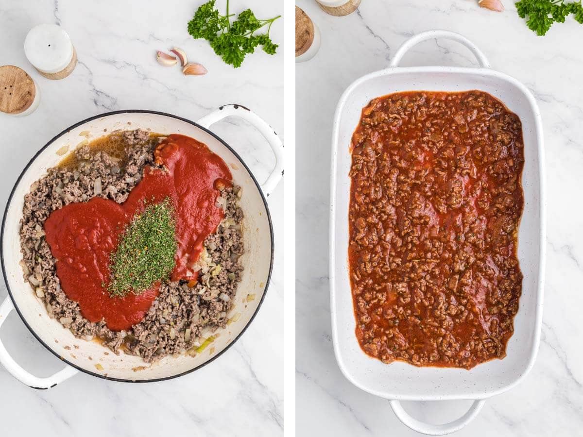 add marinara sauce and herbs to meat, transfer to baking dish