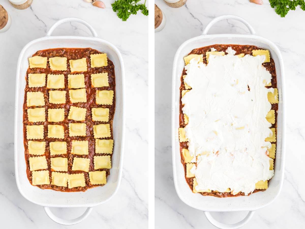 raviolis layered on top of sauce, ricotta spread over ravioli in dish.