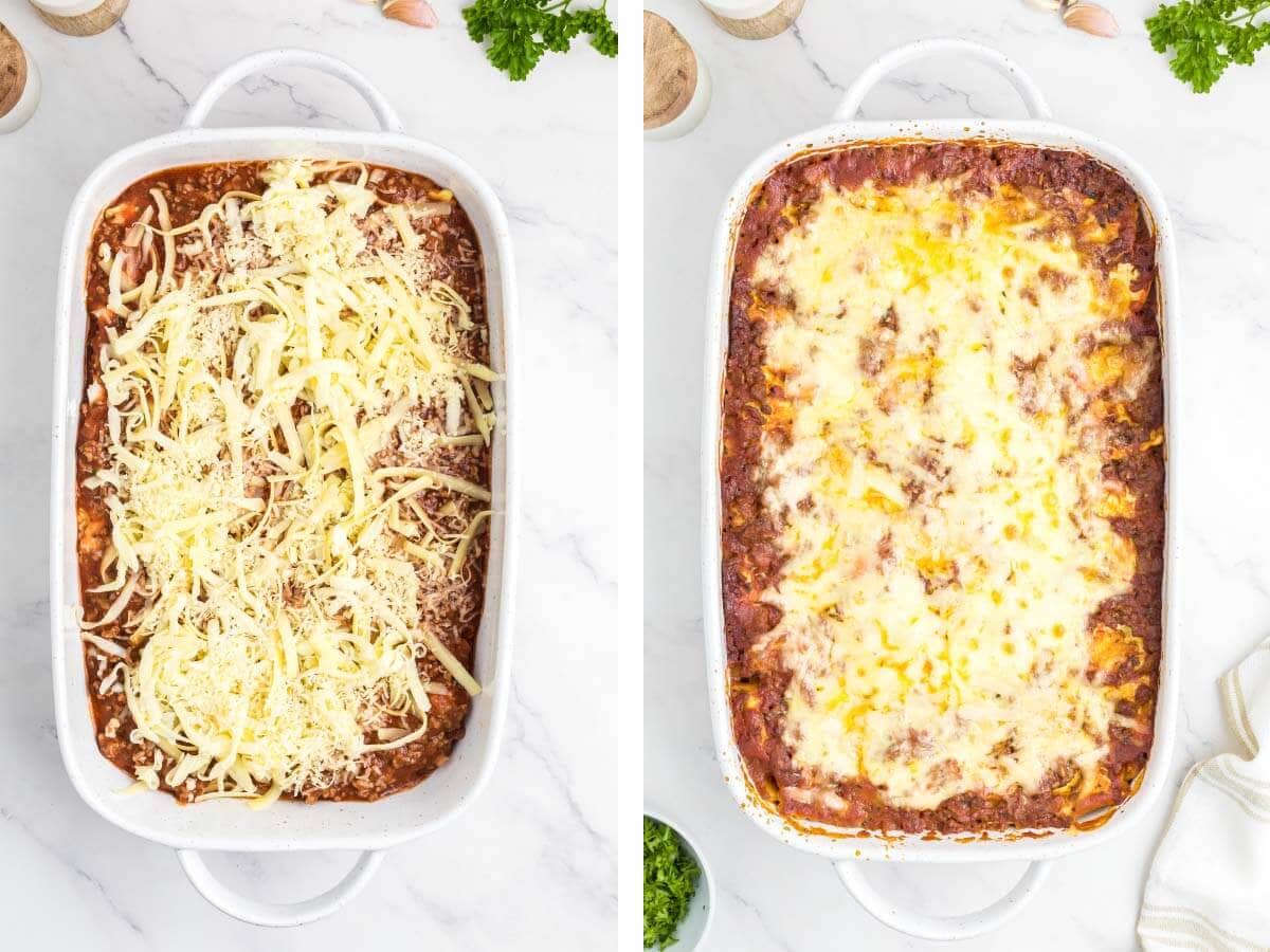 shredded cheese over sauce in dish, and lasagna cooked in baking dish.