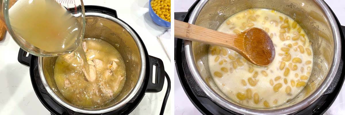 broth added to IP, wood spoon tamping pasta down.