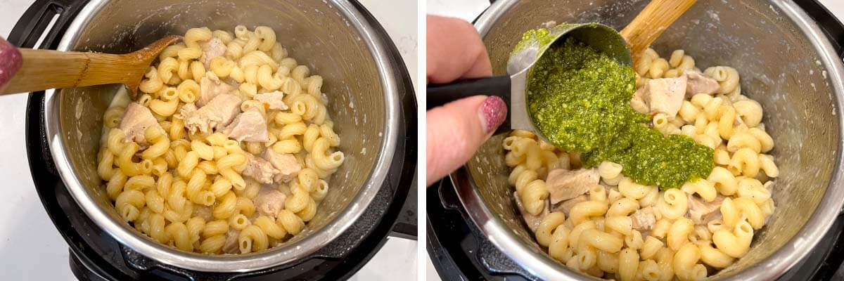 stirring cooked chicken pasta, adding pesto to pasta.