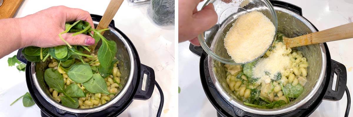 adding spinach to cooked pasta, adding parmesan.
