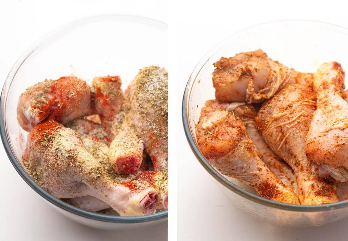 raw chicken in bowl with spices, chicken coated with spices.