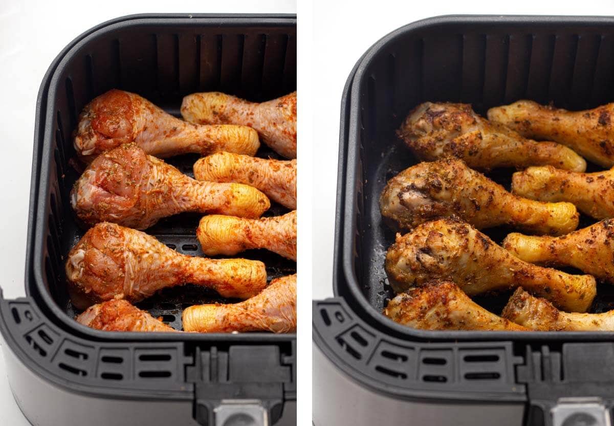 raw seasoned chicken legs in air fryer basket, legs cooked without bbq sauce.