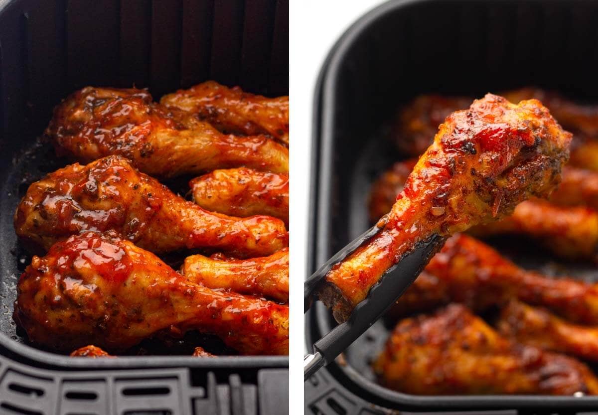 bbq sauce added to cooked chicken in AF pan, piece held with tongs.