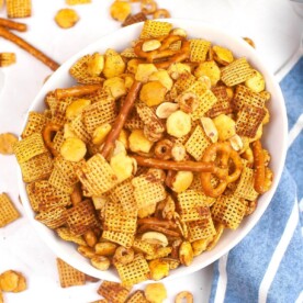 Chex Mix in a white bowl