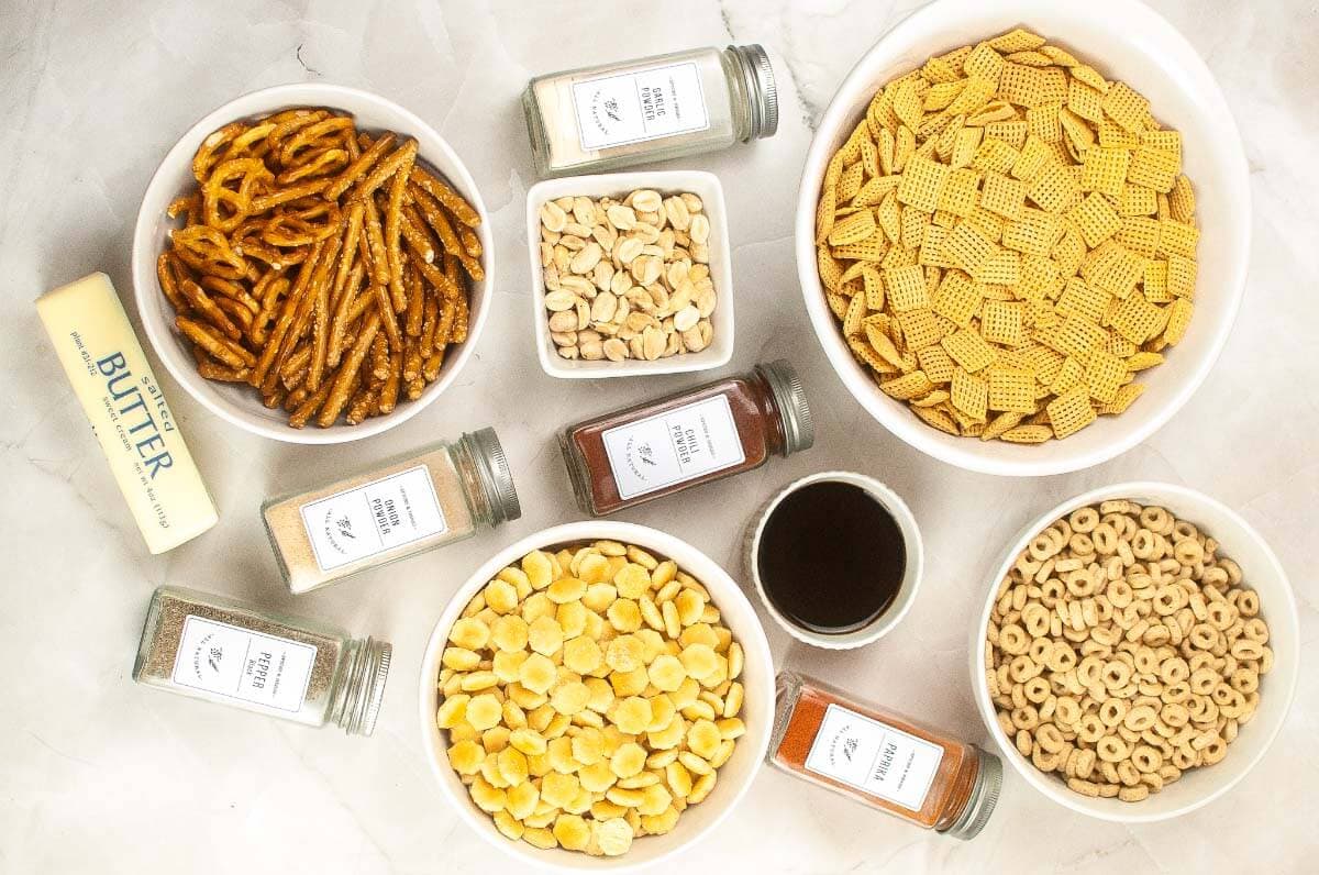 Air Fryer Chex Mix ingredients shot.