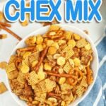 Air Fryer Chex Mix in a white bowl