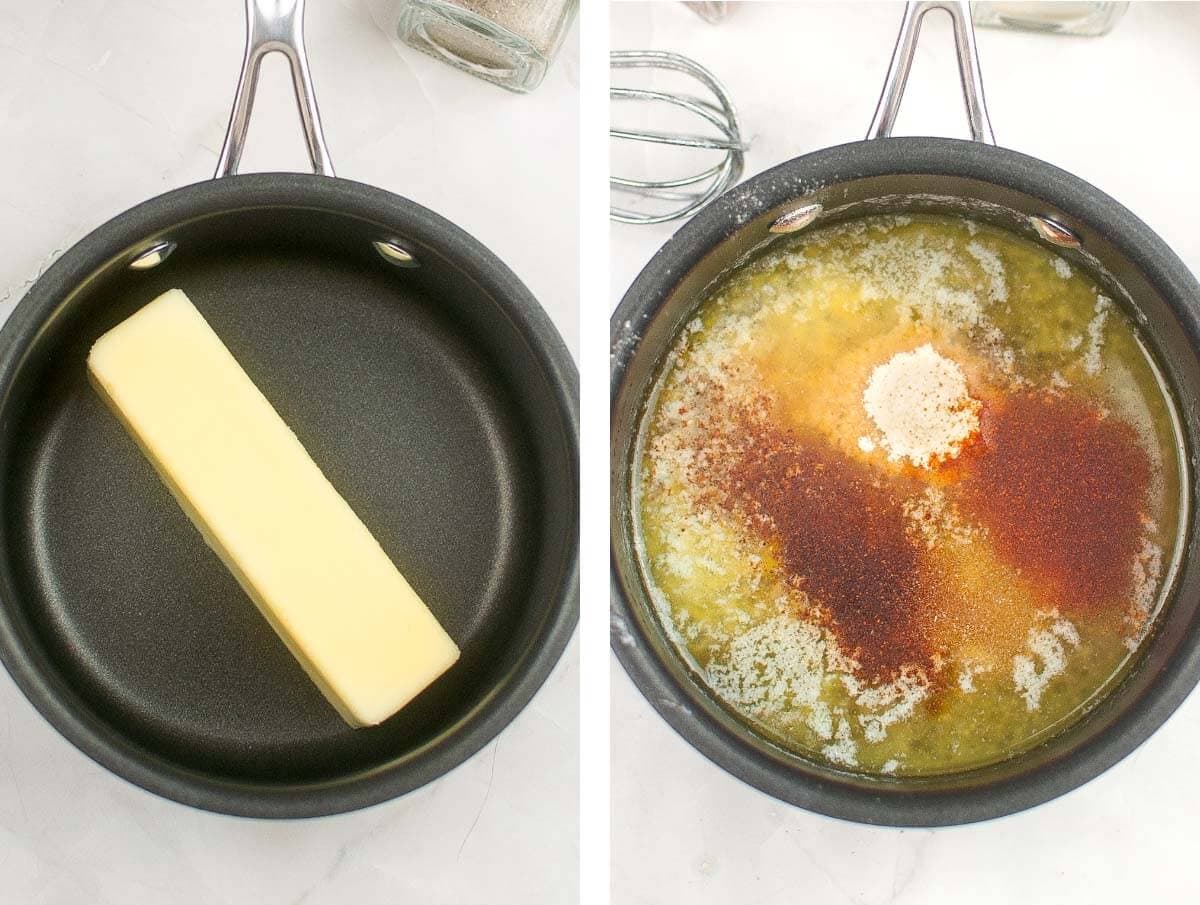 melt butter in pan, seasonings added to butter.